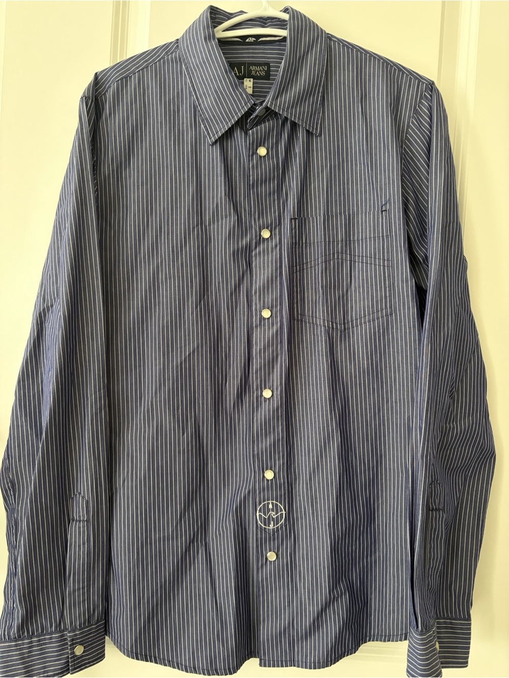 Armani Jeans Men's Navy and White Pinstripe Dress Shirt